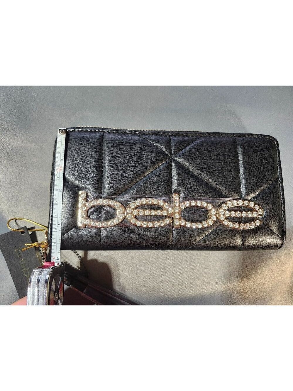 adult unisex BEBE ZAZA RHINESTONES BLING DESIGN ZIP AROUND WRISTLET WALLET - 4"